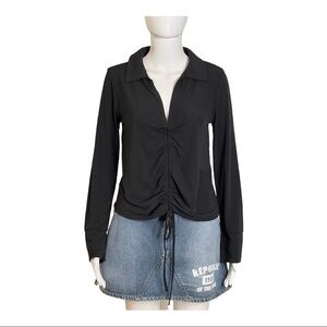 Zara Womans Size M Top V Neck Gathered Long Sleeve Collar Black ruched Shirt NWT